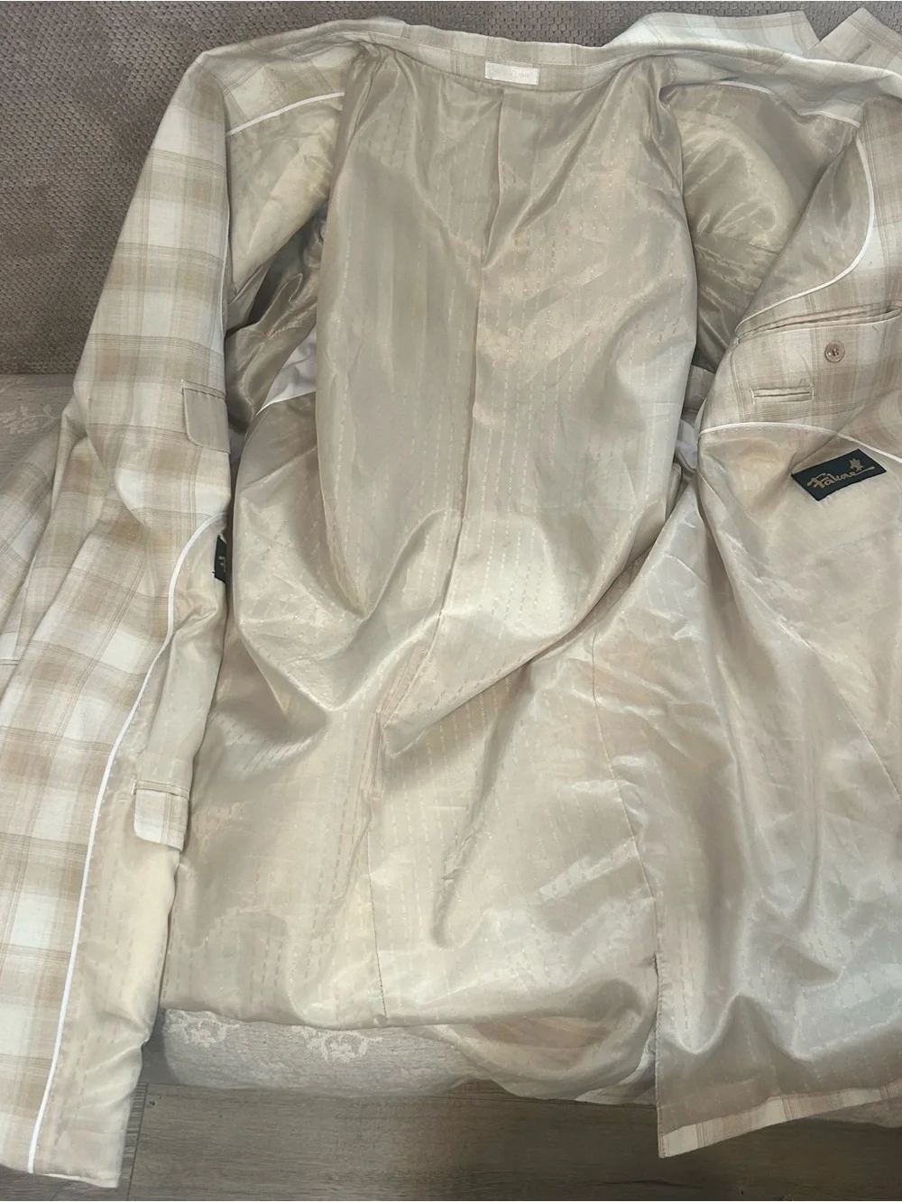 Falcone Superlative 150’s Neutral Plaid Blazer Linen Blend 3-Button Dbl Vent 48L - Picture 5 of 12